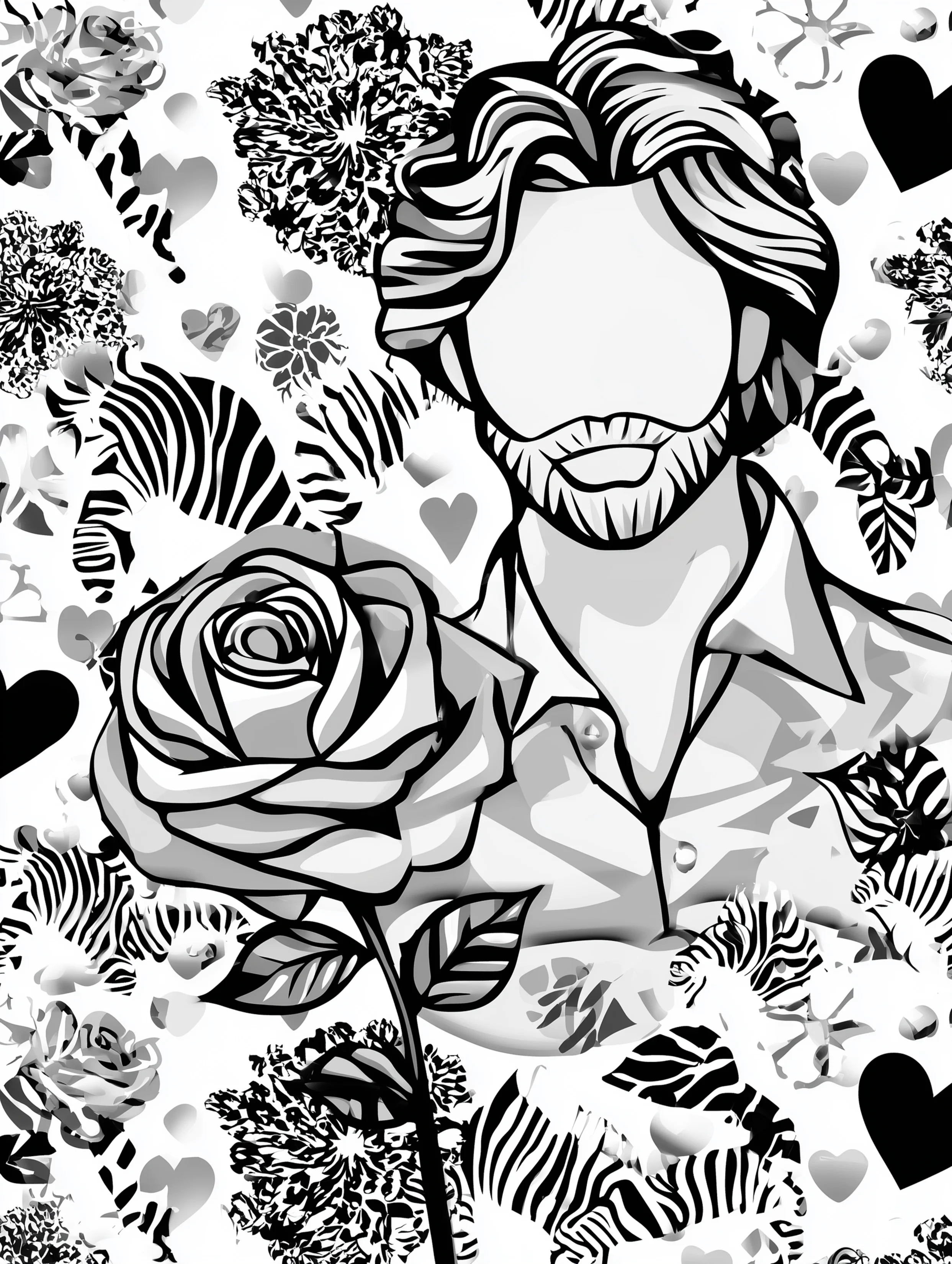 Free printable coloring pages floral featuring a faceless man with a beard and flowers